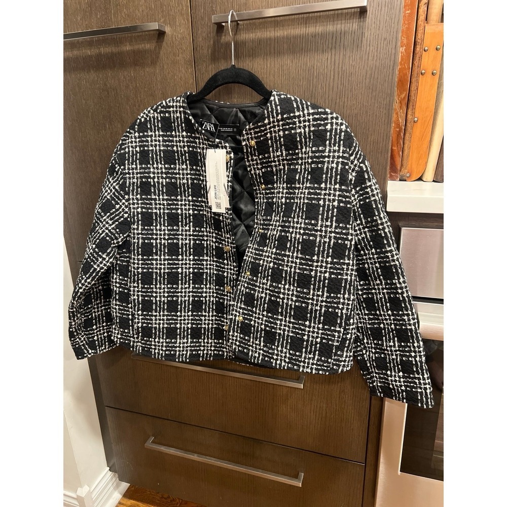 Zara black plaid textured weave boxy jacket size XS blogger preppy oversized nwt